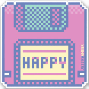 Happy Pink Blue Pixel Art 90s Disquette Sticker