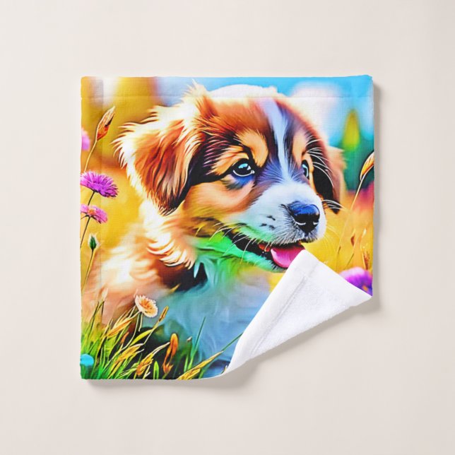 Happy Puppy Meadow Design (Gant de toilette)