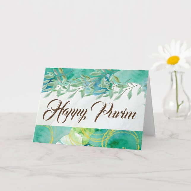 Happy Purim Plié Carte de voeux Aquarelle Vert (Petite plante)