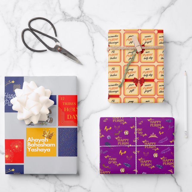 Happy Purim Wrapping Papier plat ensemble de 3 (Recto)