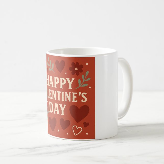 Happy Valentine's Day Mug – Red Hearts & Floral Lo (Devant droit)
