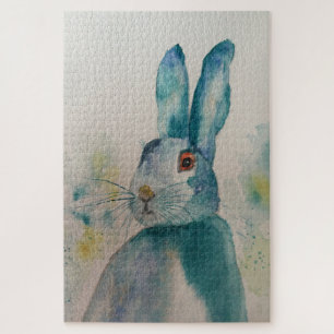 Hare Rabbit Aquarelle Bleu Jigsaw Puzzle