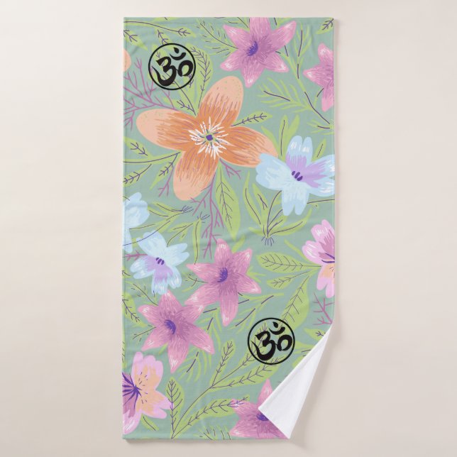 Harmonic Blossoms: Floral Design with OM Symbols (Serviette de bain)