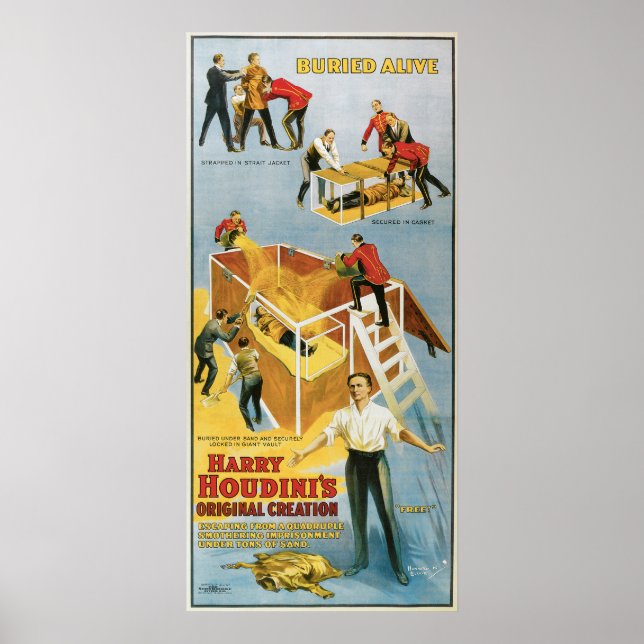Harry Houdini, Poster vintage vivant enterré, 1914 (Devant)