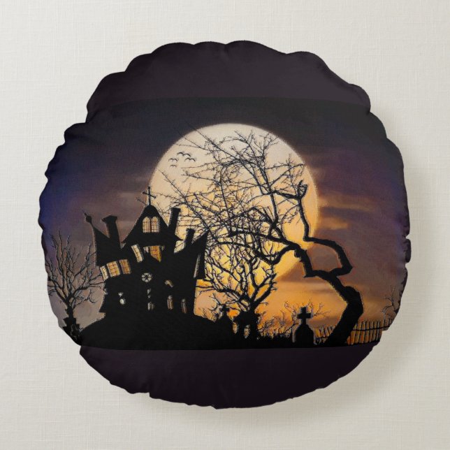Haunted House Halloween rond Accent Coussin (Devant)