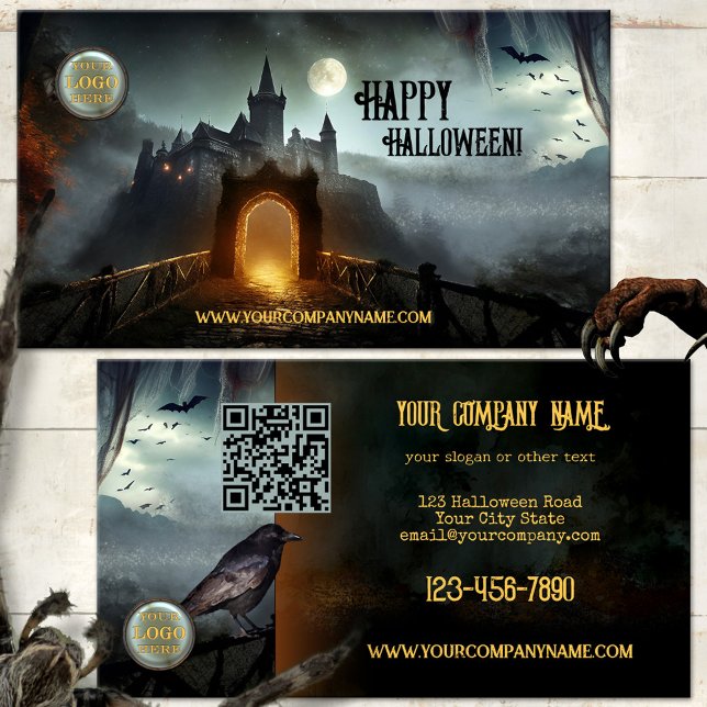 Haunted Night Castle Halloween Carte de visite (Halloween business card featuring a dark castle with a full moon and bats and a raven on the back)