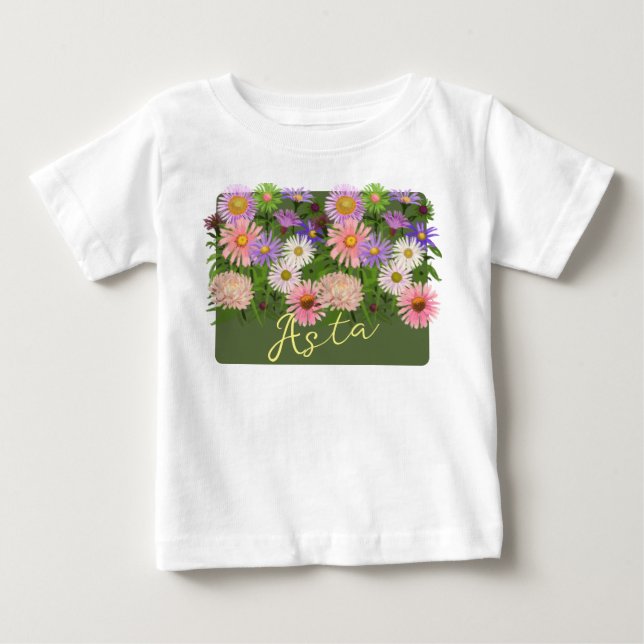 Haut de bébé floral t-shirt Rose Asters et son nom (Devant)