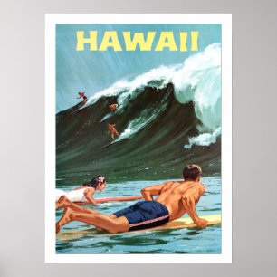Hawaï, surf, grosse vague, affiche de voyage vinta