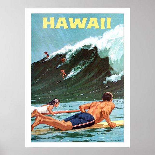 Hawaï, surf, grosse vague, affiche de voyage vinta (Devant)