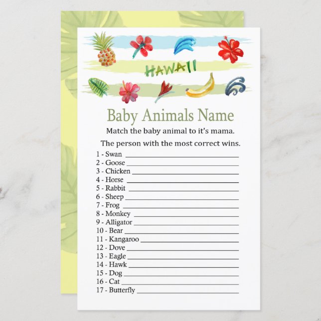 Hawaii Baby Animaux Nom Jeu (Devant / Derrière)