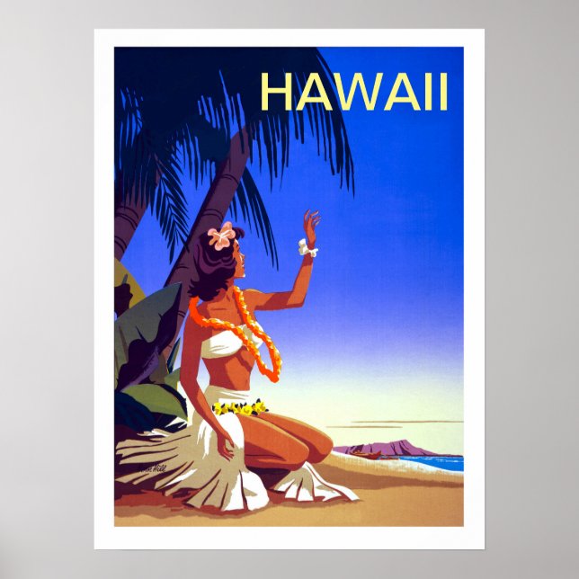 Hawaii, fille sur l'île tropicale, affiche de voya (Devant)