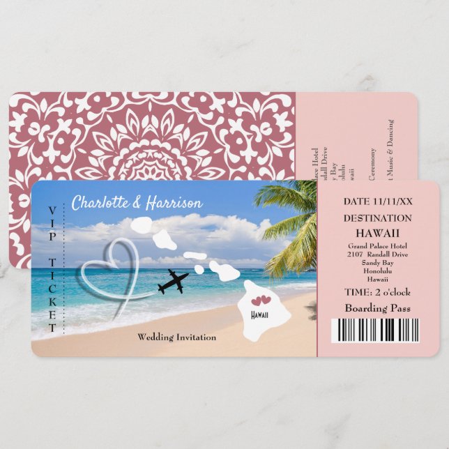 Hawaii Mariage Destination Billet Pass Invitation (Devant / Derrière)