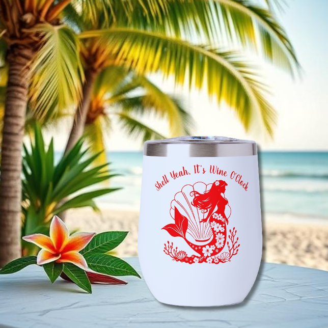 Hawaii Mermaid-Shell Ouais son horloge de vin (Hawaiian Mermaid Tropical Flowers Sea Shells Coral, Summer Beach, Fisherman Trend Wine Tumbler )