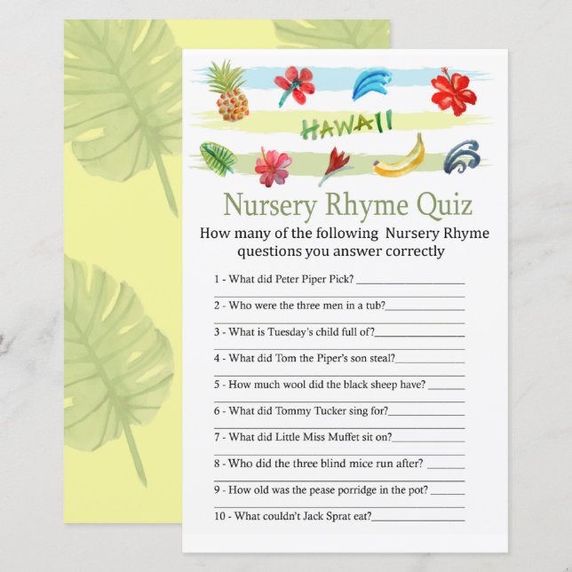 Hawaii Nursery Rhyme Quiz jeu de baby shower (Devant / Derrière)