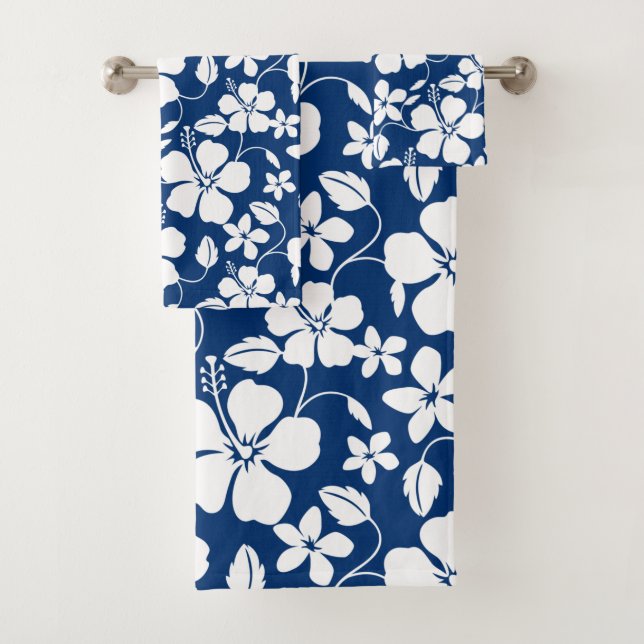 HAWAIIAN HULA (HIBISCUS) NAVY BATH TOWEL SET (En situation)