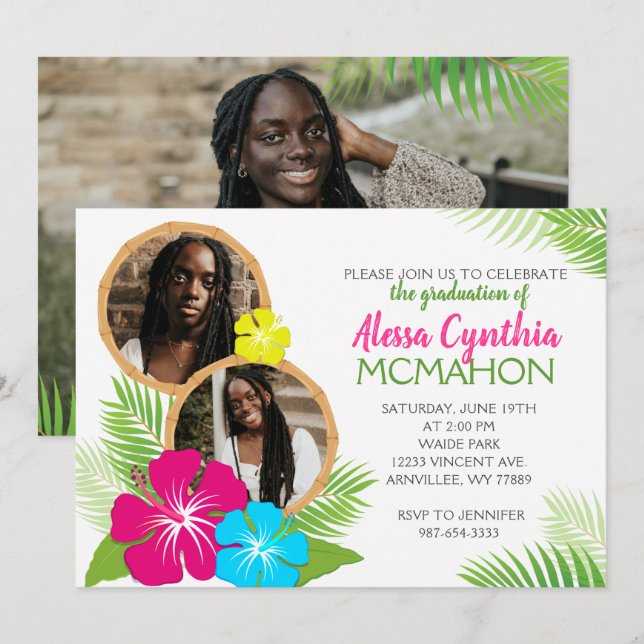 Hawaiian Luau 3 Photo Graduation Party Invitation (Devant / Derrière)