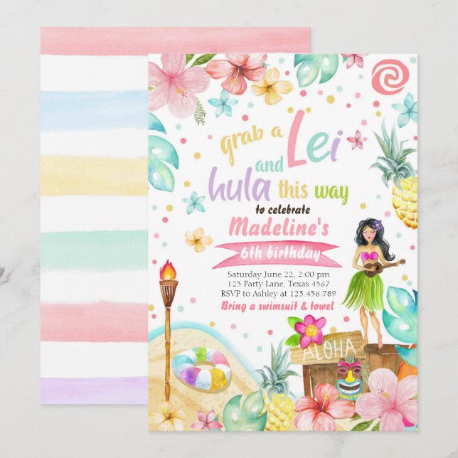 Hawaiian Luau Anniversaire Invitation Tropical Poo (Devant / Derrière)