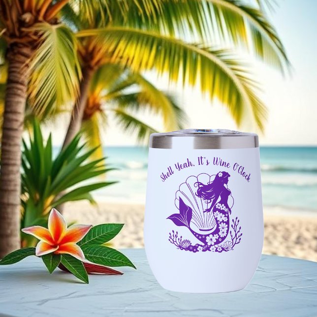 Hawaiian Mermaid-Shell Ouais il est l'heure du vin (Hawaiian Mermaid Tropical Flowers Sea Shells Coral, Summer Beach, Fisherman Trend Wine Tumbler )