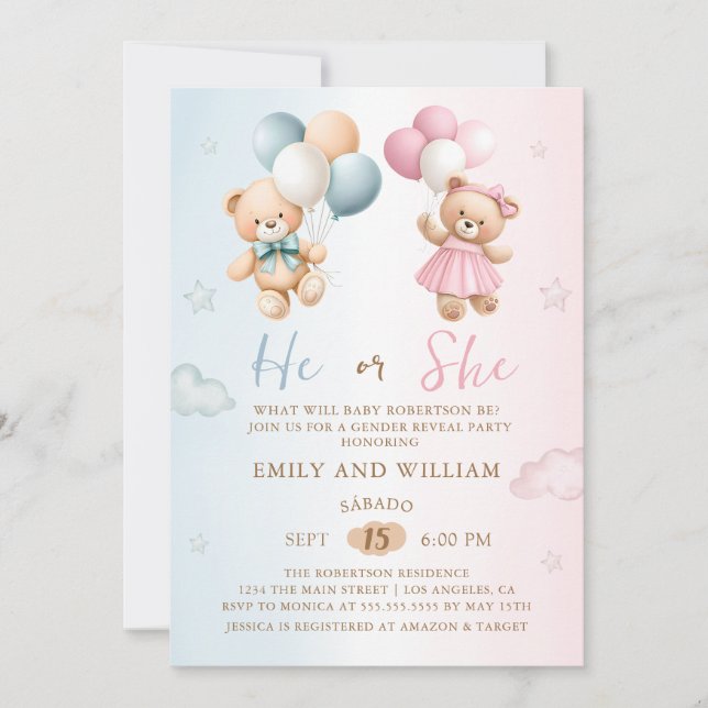 He or She Teddy Bear Gender Reveal Invitation (Devant)
