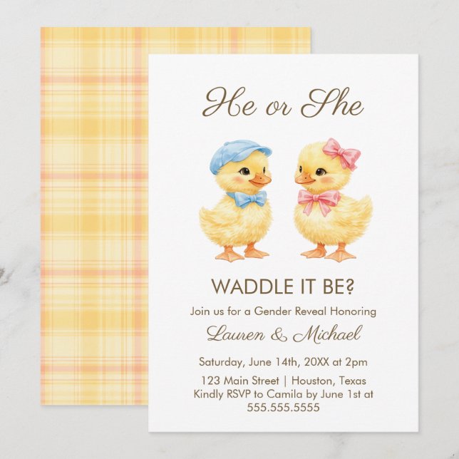 He or She WADDLE IT BE? Gender Reveal Invitation (Devant / Derrière)