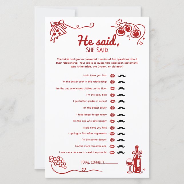He Said She Said Amore Wedding Party Activity Card (Devant)
