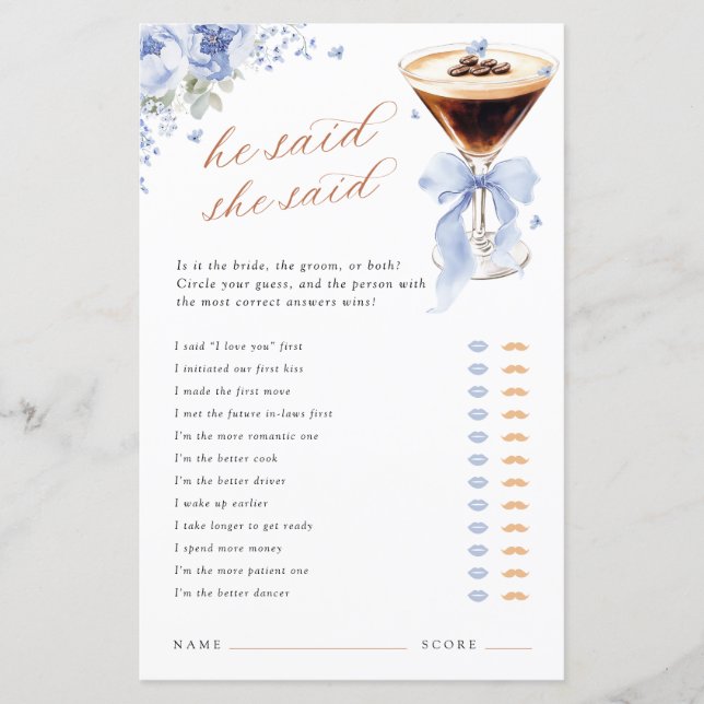 He Said She Said Blue Bow Bridal Shower Game (Devant)