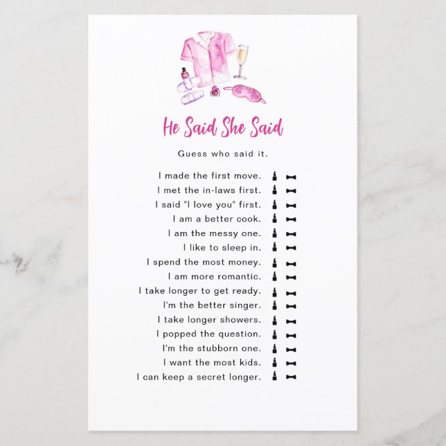 He Said She Said game Pajamas & Prosecco Bridal (Devant)