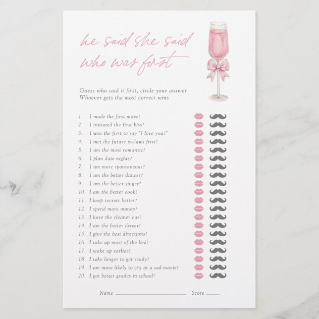 He Said She Said Pink Bow Champagne Bridal Game (Devant)