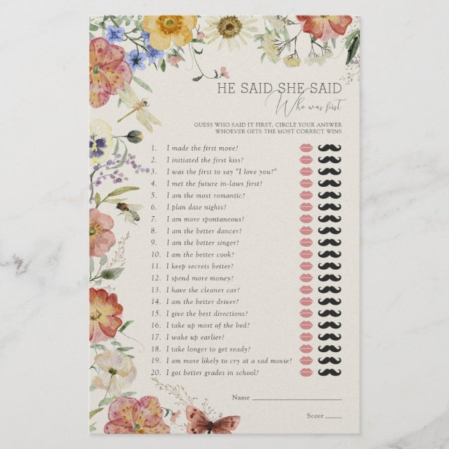 He Said She Said Pressed Wildflower Shower Game (Devant)