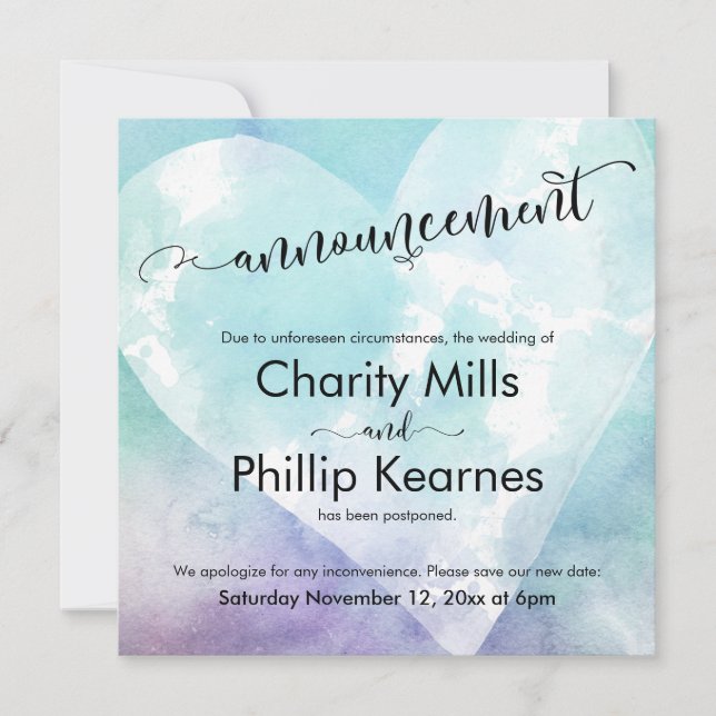 Heart Aqua Purple Postpond Mariage Faire-part (Devant)