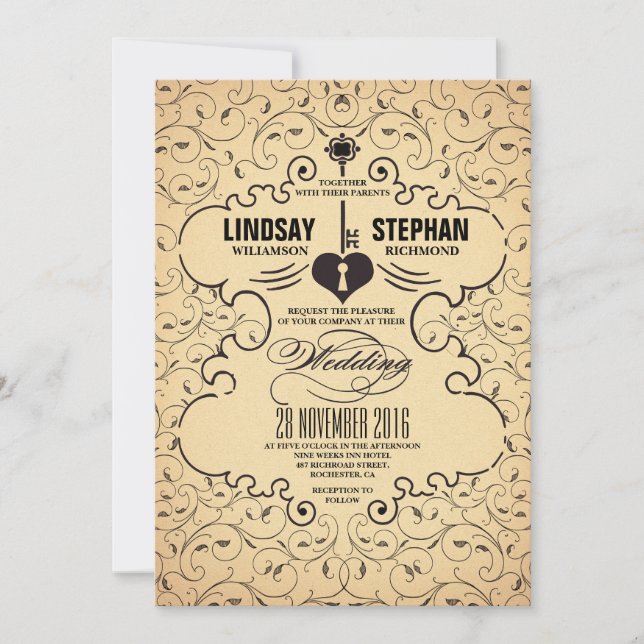Heart Key Vintage Wedding Invitation (Devant)