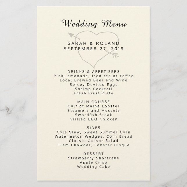 Heart n Flèche Custom Ecru Simple Menu Mariage (Devant)