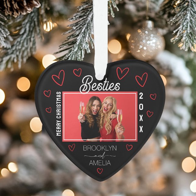 Heart Shaped Photo Black and Red Besties Christmas (Heart Shaped Photo Black and Red Besties Christmas Ornament)