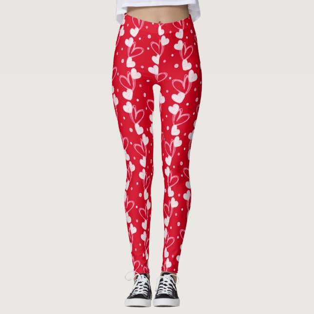 Hearts doodles pattern, Red, Leggings (Devant)