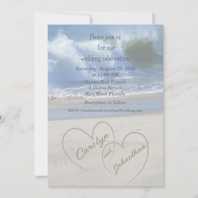 Hearts in the Sand photo Wedding Invitation (Devant)