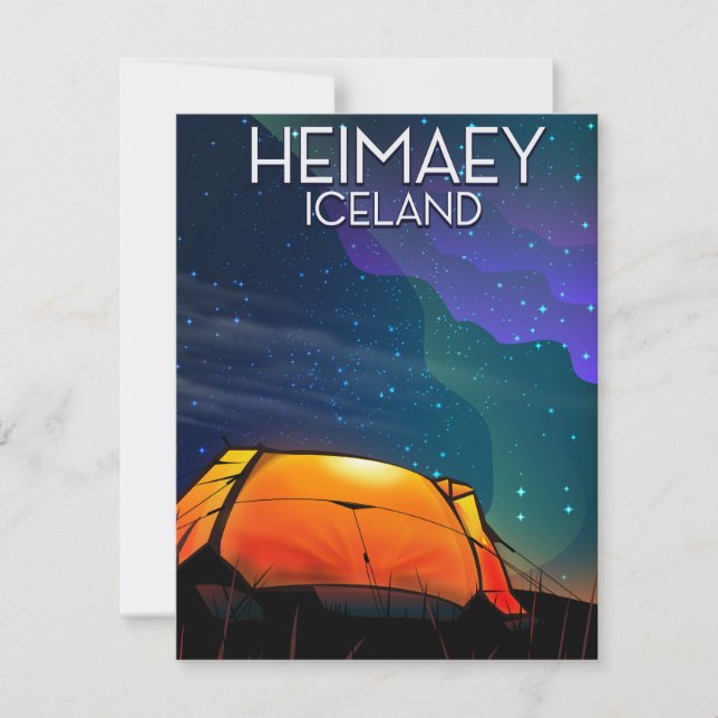 Heimaey, Islande, affiche de vacances de camping. (Devant)