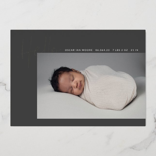 Hello Baby Birth Photo Faire-part Charcoal Foil (Recto)