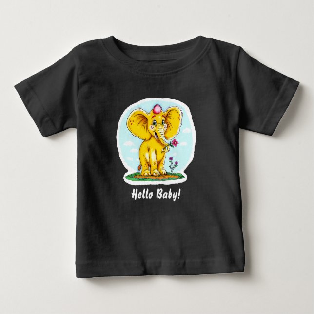 Hello Baby! – Cute Elephant Baby T-Shirt (Black) (Devant)