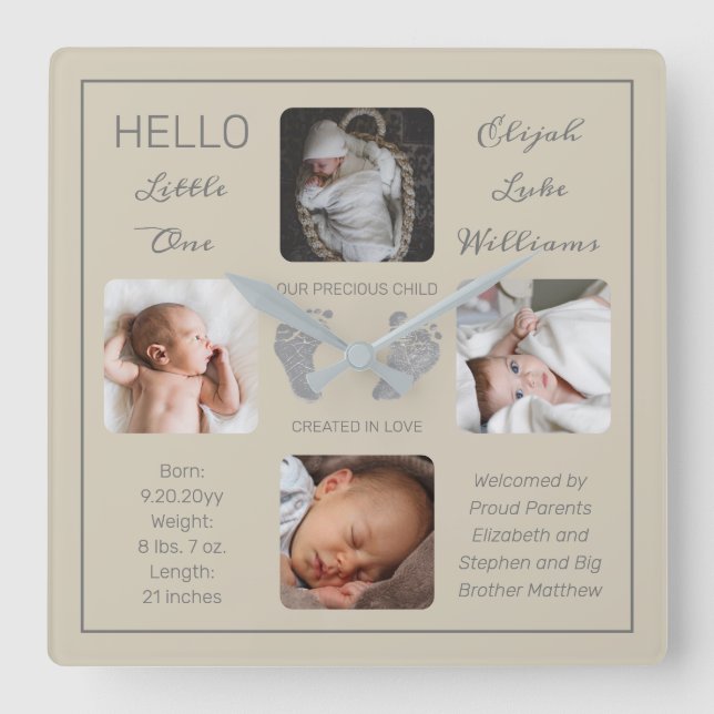 Hello Little One Baby Four Photo Carré Horloge mur (Recto)