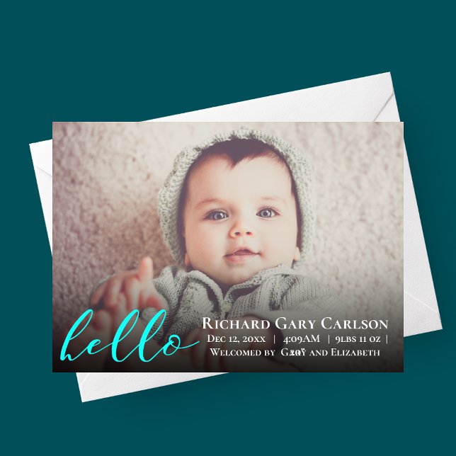 Hello Photo Baby Faire-part de naissance (bright blue hello baby, photo birth announcement card)