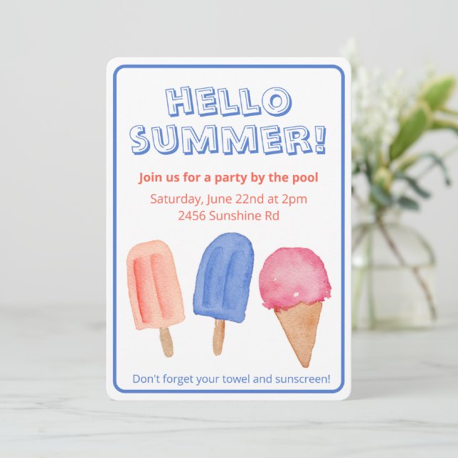 Hello Summer Watercolor Popsicle Party Invitation (Debout devant)