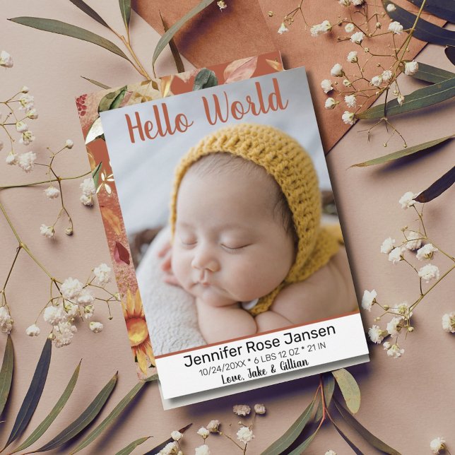 Hello World Autumn Floral Photo Faire-part de nais (Hello World Autumn Floral Birth Announcement Photo Card)