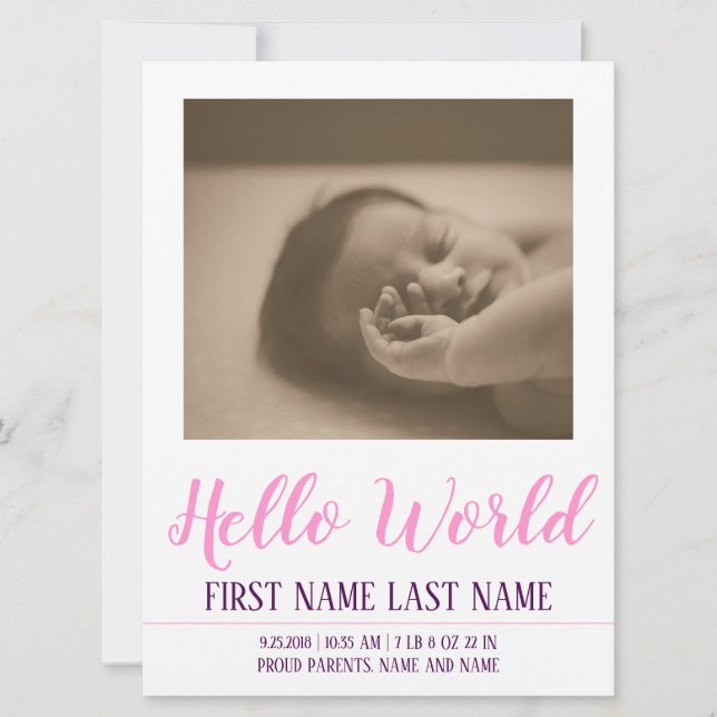 Hello World - faire-part de naissance avec photo (Devant)