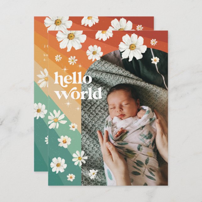 Hello World | Retro Boho Faire-part de naissance (Devant / Derrière)