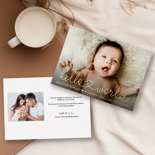 Hello World script Baby photo faire-part de naissa (real gold foil hello world heart script birth announcement photo thank you card.)