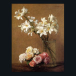 Henri Fantin-Latour Roses and Lilies Poster<br><div class="desc">Henri Fantin-Latour Roses and Lilies poster. Oil painting on canvas from 1888. French artist Henri Fantin-Latour painted flowers obsessively throughout his career. Roses and Lilies depicts a small bowl of white, pink and purple roses next to a clear glass vase of freshly cut white lilies. A beautiful gift for fans...</div>