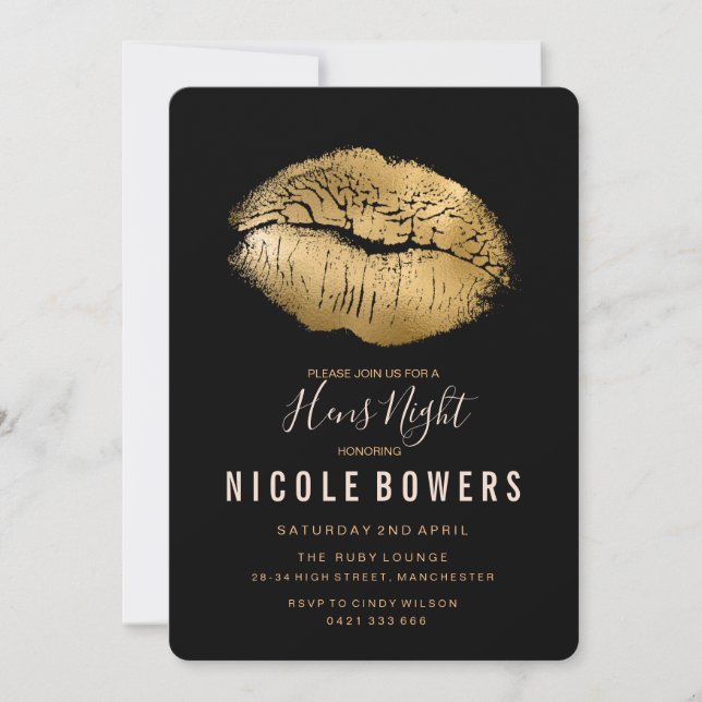 Hens Night Gold Lips Invitation (Devant)