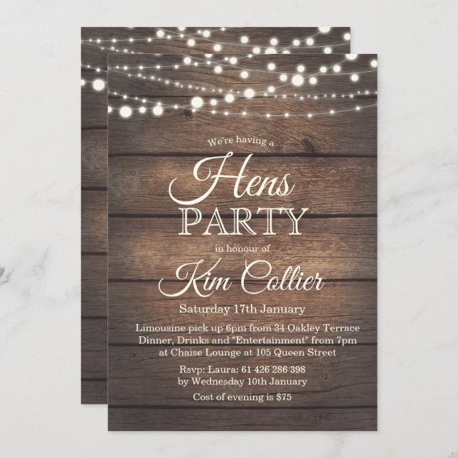 Hens Party Rustic Wood Lights Invitation (Devant / Derrière)