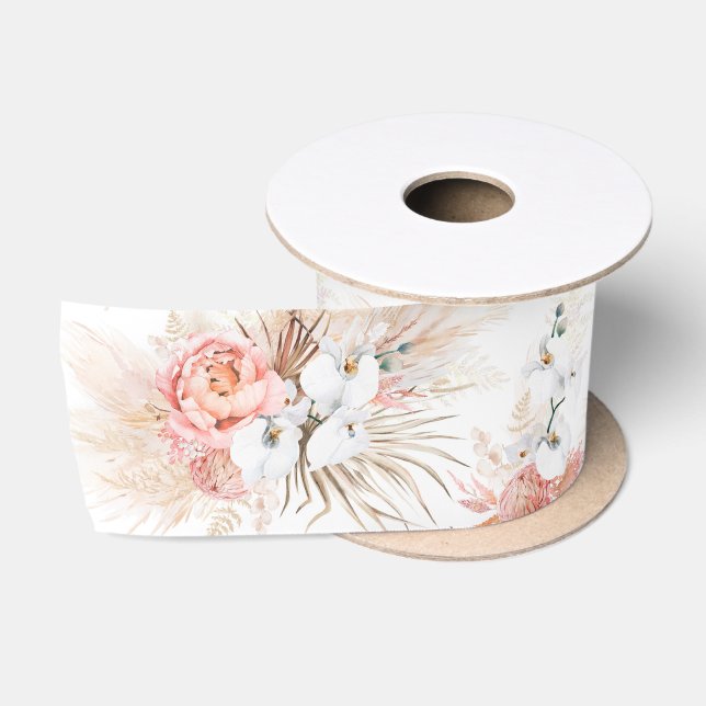 Herbe des Pampas et fleurs roses Ruban en satin (Bobine)