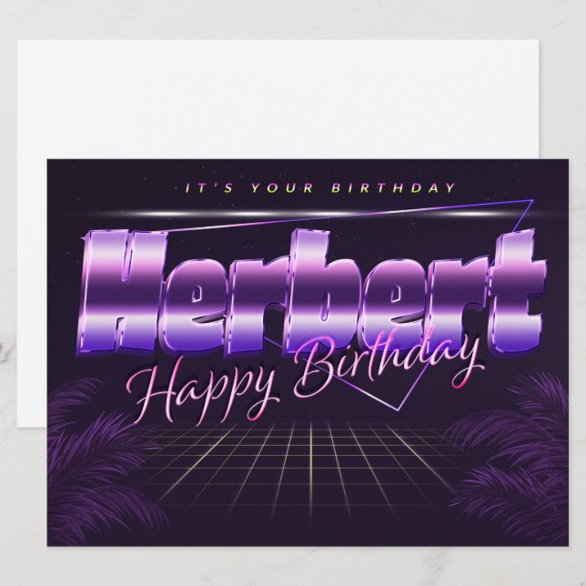 Herbert nom prénom carte rétro lilas pour un anniv (Devant / Derrière)